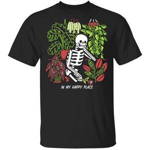 In My Happy Place Skeleton Gardener Plants Black T Shirt S Green Witch Top